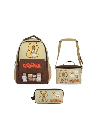 Capybara Erkek Çocuk - Kahverengi - Bej İlkokul Üçlü Çanta Seti - Setcpb5200a Çok Renkli