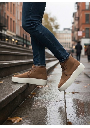 Ba0550 İçi Kürklü Bağcıklı Taba Krem Taban Erkek Tarz Spor Bot Taba