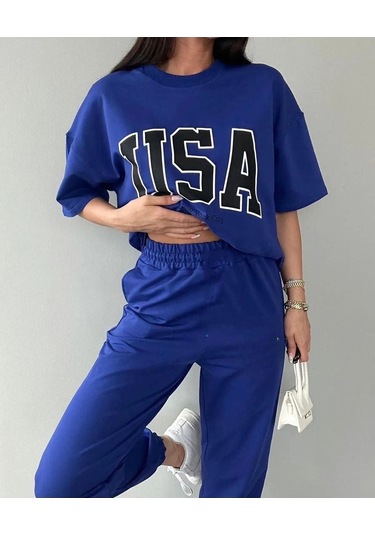 Usa T-shirt Eşofman Altı Jogger- Mavi Baskılı Alt Üst Eşofman Takım Oversize Bisiklet Yaka Mavi