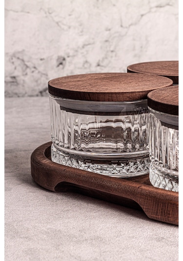 Snippy Bella Yuvarlak 6'lı Vakum Kapaklı Tepsili Cam Kahvaltılık Ahşap - Şeffaf