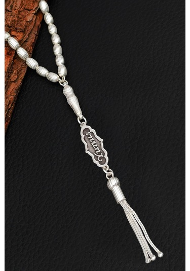 İsimli Gümüş Tesbih Çizgili Arpa Kesim İsim Yazılı Gümüş Tesbih 925 Ayar St382 Gümüş  - Siyah