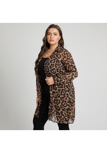 Kadın Yaz Casual Uzun Kollu Leopar Baskılı Şifon Gömlek Kahve
