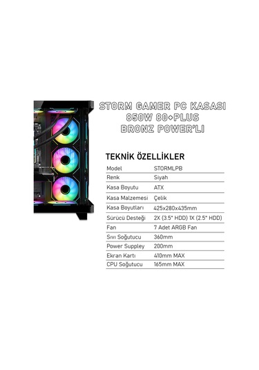 Gameagle STORMLPM Storm 7 Argb Fanlı Gamer Bilgisayar Kasası 850w 80+ Plus Bronz Power'lı Siyah