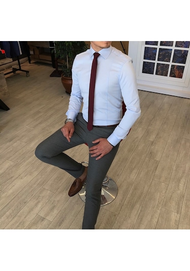 Italyan Stil Slim Fit Saten Kravat Yaka Gömlek B.Mavisi T4773