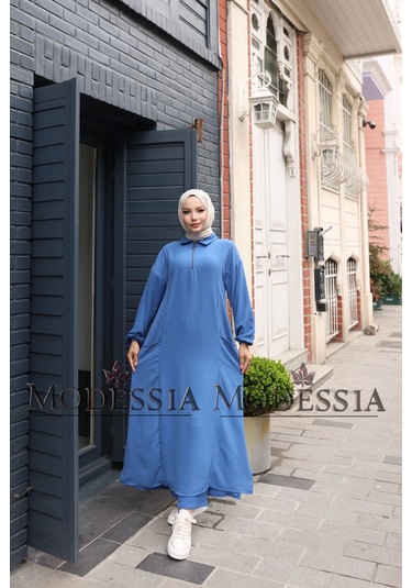 Kadın Mavi Aerobin Uzun Önü Yarım Fermuarlı İkili Takım T1217 Mavi