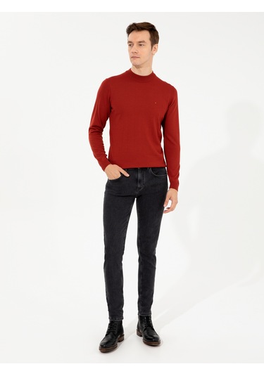 Cacharel Kiremit Slim Fit Çeyrek Balıkçı Yaka Basic Triko Kazak Kırmızı