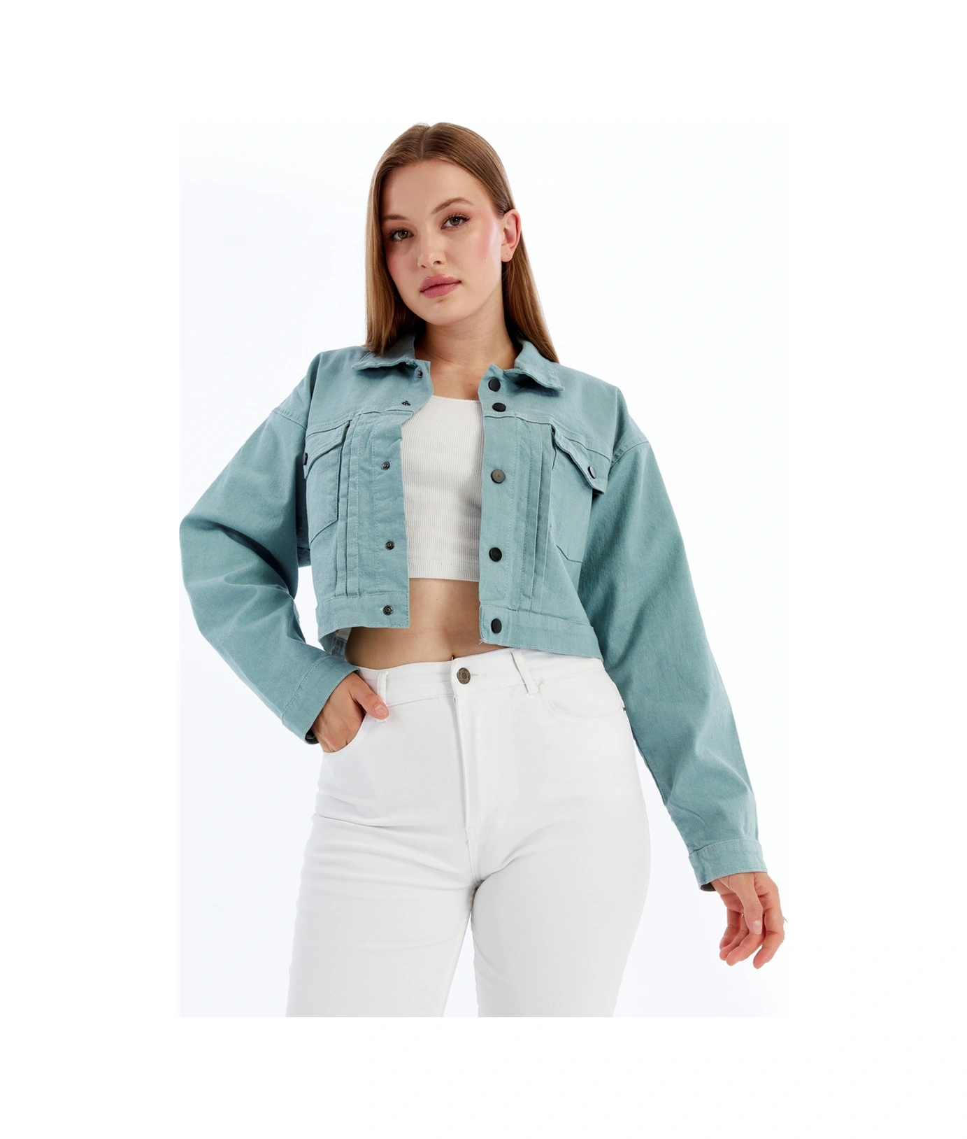 Kadın Bomber Gabardin Ceket Çıt Çıt Düğmeli Kolej Kot Ceket Cepli Renkli Kolay Kombinlenebilen Ceket Yeşil