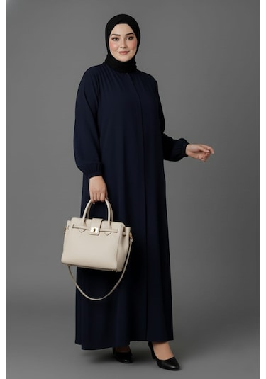 Medine İpeği Mevlana Kesim Cepli Kuşaklı Bol Büyük Beden Ferace Lacivert