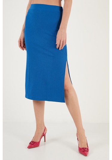 Lela Yüksek Bel Yırtmaçlı Dar Kesim Midi Bayan Etek 5865600 Saks