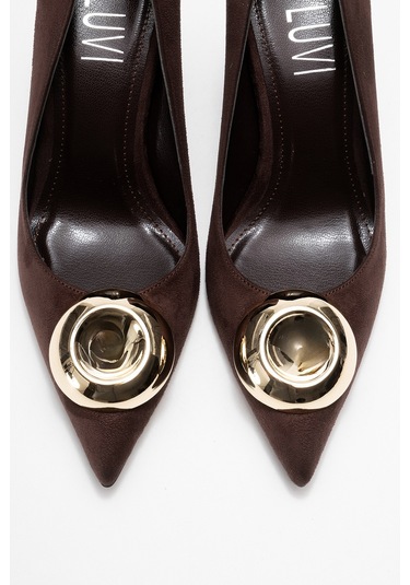 Jordana Kahverengi Süet Gold Tokalı Kadın İnce Topuklu Ayakkabı Kahverengi