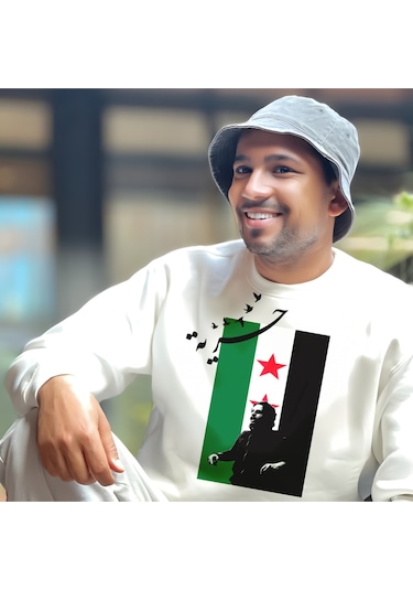 Discost Suriye Özgür Baskılı Bisiklet Yaka Sweatshirt Beyaz