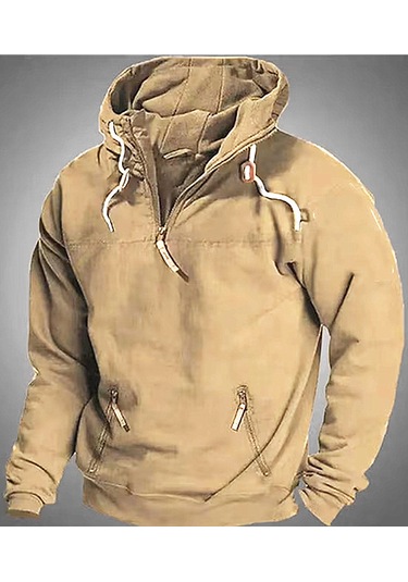 Sonbahar Ve Kış İçin Erkek Düz Renk Kapüşonlu Günlük Sweatshirt Haki