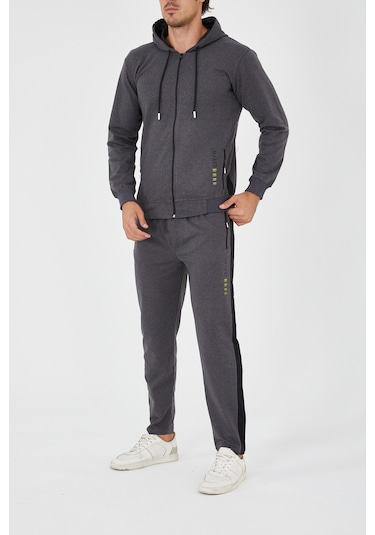 Pants Düz Paça Fermuarlı Kapşonlu Eşofman Takım - Füme Füme