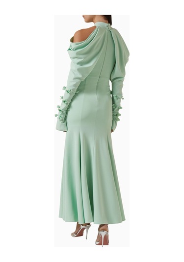 Ac By Aanchal Chanda Draped Off - Shoulder Omuz Açık Çiçek Aplikeli Maxi Kadın Elbise Açık Yeşil