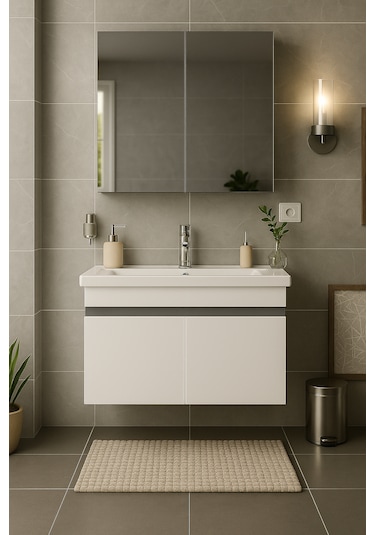 Arista 80 Cm Beyaz Mdf, Seramik Lavabolu, Banyo Dolabı Takımı Beyaz