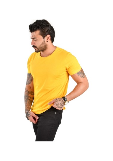Deepsea Erkek Hardal Sarısı Sıfır Yaka Dar Kesim Likralı Düz Basic Tişört 1801131 False Hardal Sarısı