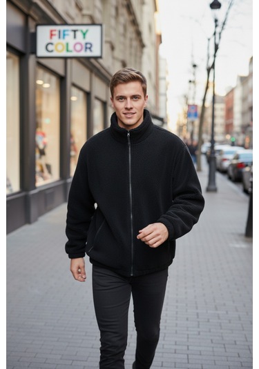 Siyah Premium Kalite Dik Yaka, Fermuarlı, Polarlı, Peluş Ceket Siyah