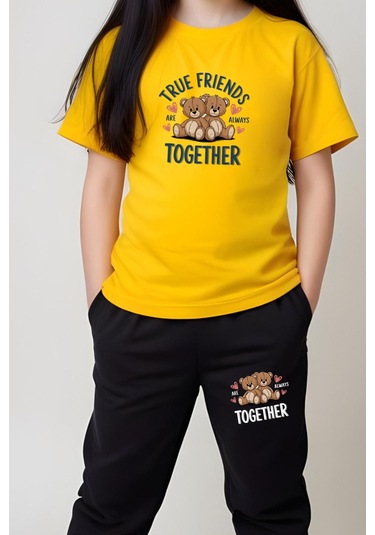 True Friends Baskılı Kız Çocuk Tişört Ve Eşofman Alt-üst Takım Sarı
