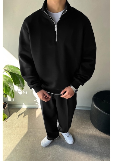 Flaw Half Zip Oversize Polo Yaka Sweatshirt Siyah Sİyah