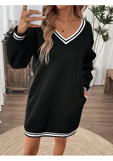 Kadın Uzun Kollu V Yakalı Şerit Detaylı Kısa Viskon Iki Iplik Elbise Siyah