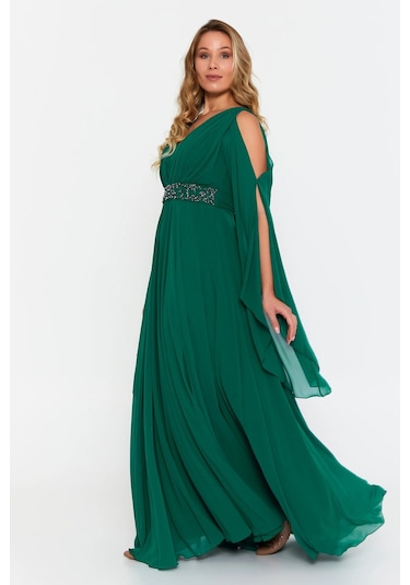 Doridorca Kadın Büyük Beden V Yaka Maxi Abiye Elbise 6021 Zümrüt Zümrüt