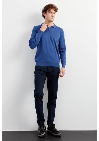 Erkek Basic Polo Yaka İnce Triko Kazak İndigo İndigo