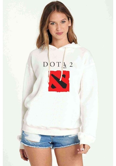 Dota2 Valve Logo Baskılı Beyaz Kadın Kapşonlu Sweatshirt