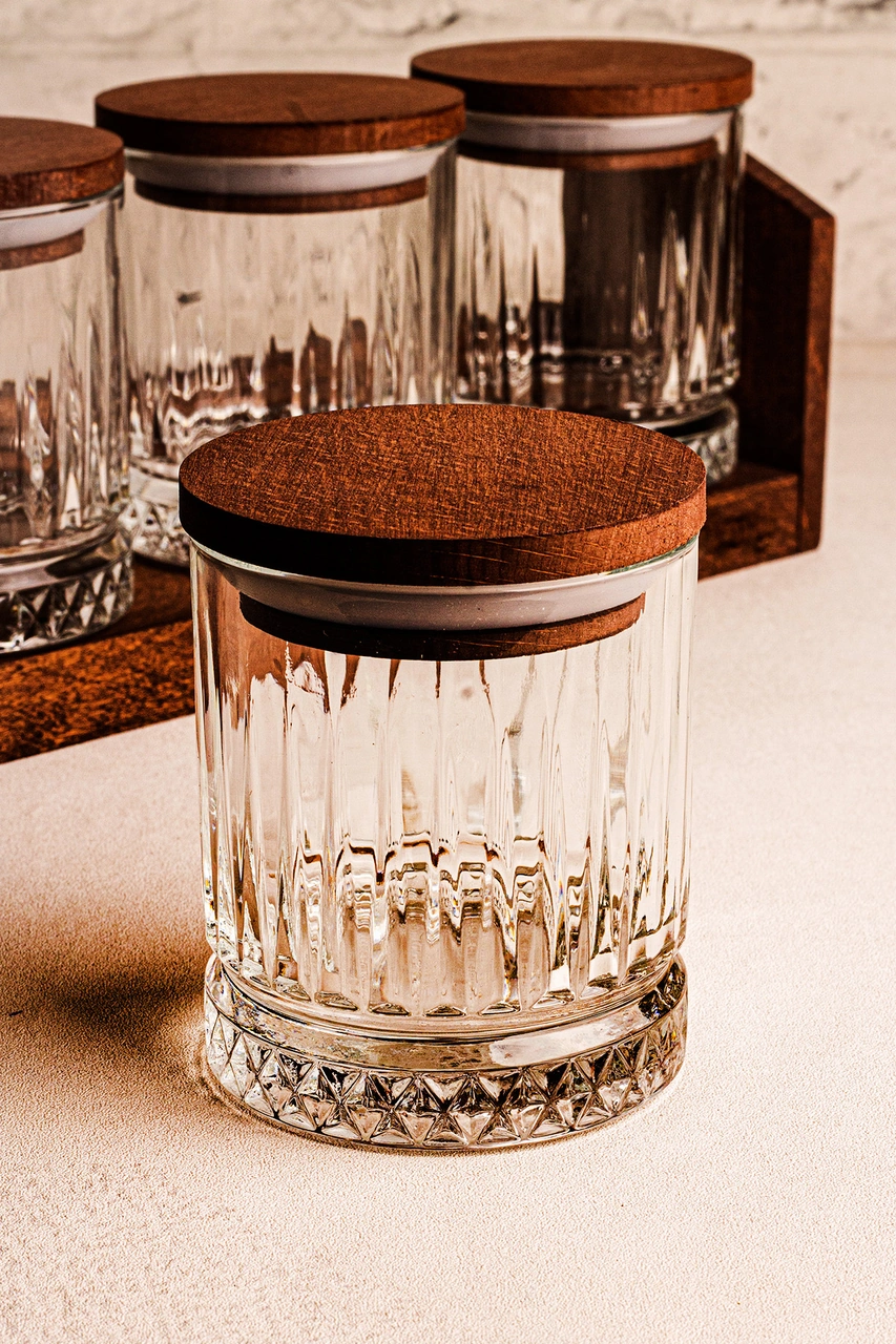 Mira Küçük - Standlı 4'lü Vakumlu Ahşap Kapaklı Cam Baharatlık Takımı Saklama Kabı Seti 210 Ml Ahşap