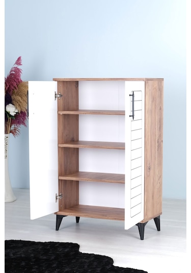 Luna 2 Kapaklı 4 Bölmeli Modern Ayakkabılık - Beyaz / Çam Desenli
