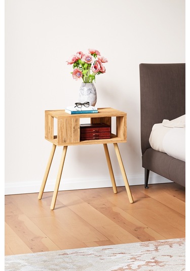 İntergo Ahşap Ayaklı Dekoratif Raflı Komodin Atlantik Çam