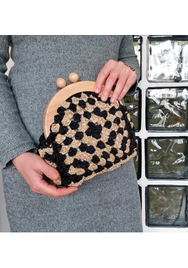 Ahşap Burslu Süet Siyah Çanta , Siyah Camel Clutch, El Yapımı Çanta Siyah Süet