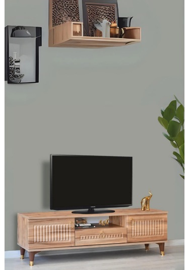 Mindy Tv Sehpası Atlantik Çam 2 Kapaklı 1 Çekmeceli Gold Halkalı Kulplu 160x36x50 Cm