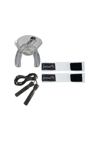 Dragondo 3,5 Metre Beyaz Elastik Boks Bandajı Profesyonel Şeffaf Dişlik Ve Atlama İpi Set Beyaz