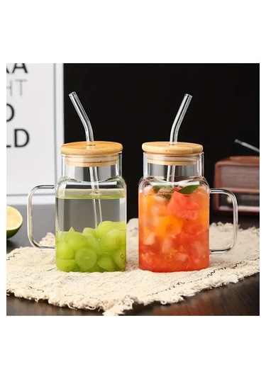 Borosilikat Cam Kupa 650 Ml Bambu Kapaklı Ve Cam Pipetli Isıya Dayanıklı Bardak Şeffaf