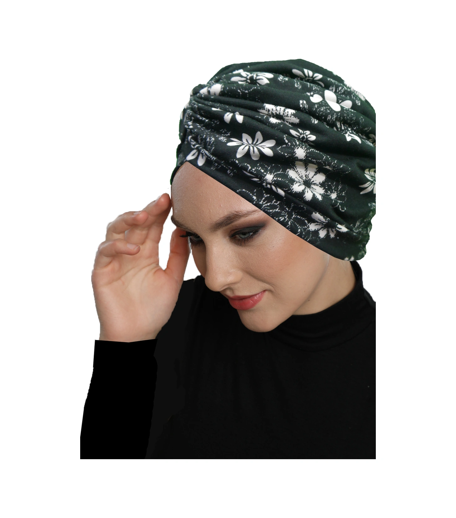 Midnight Blossom Desenli Çapraz Ve Bant Detaylı Astarlı Hazır Türban Tesettür Havuz Bonesi Siyah-ekru