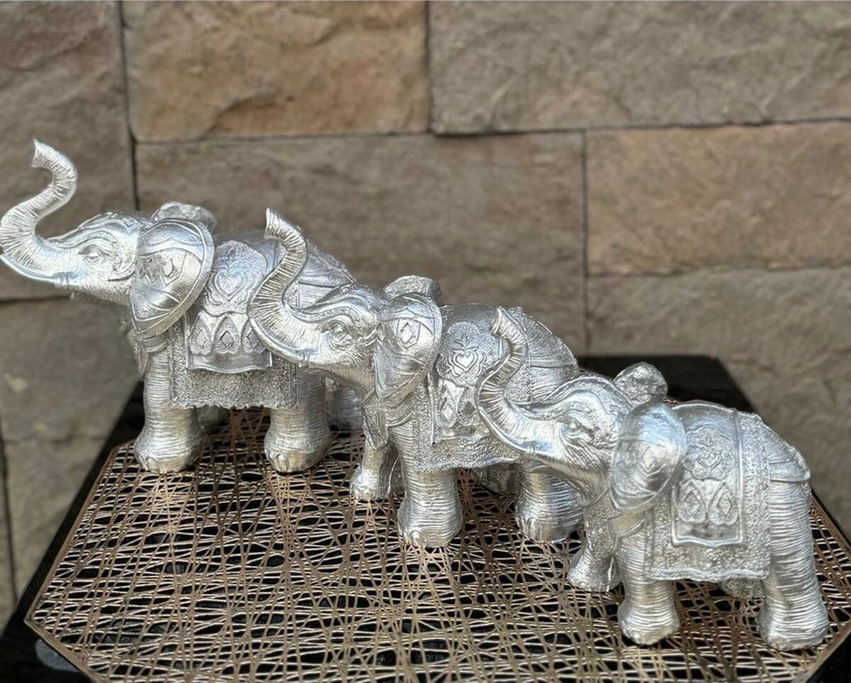 Dekoratif Polyester Üçlü Fil Biblo Gümüş