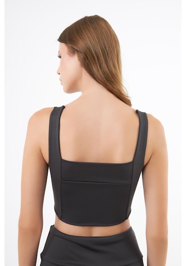 Füme Kare Yaka Crop Top Büstiyer Füme