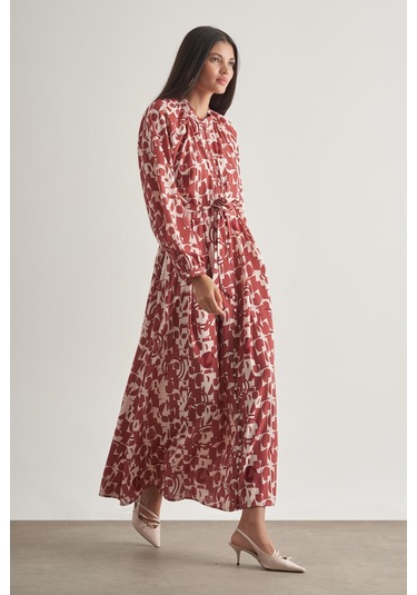 Mizalle Keten Dokulu Naturel Desenli Uzun Yazlık Elbise Çok Renkli