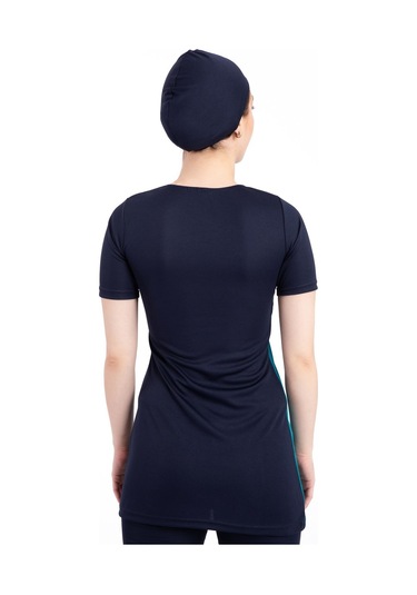 Kadın 667 Şeritli Kısa Kol Taytlı Tesettür Mayo Lacivert-yeşil Yeşil