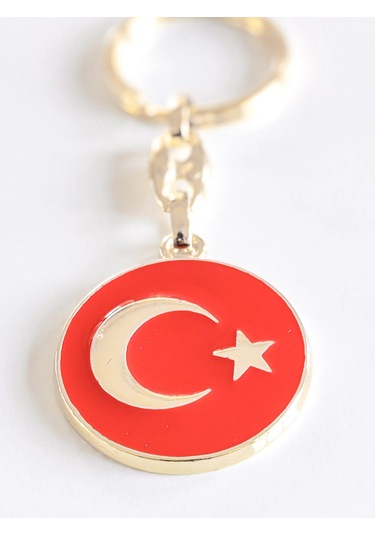 Moncuk Design Yuvarlak Kırmızı Zeminde Sarı Altın Renkli Ay Yıldız Figürlü Anahtarlık