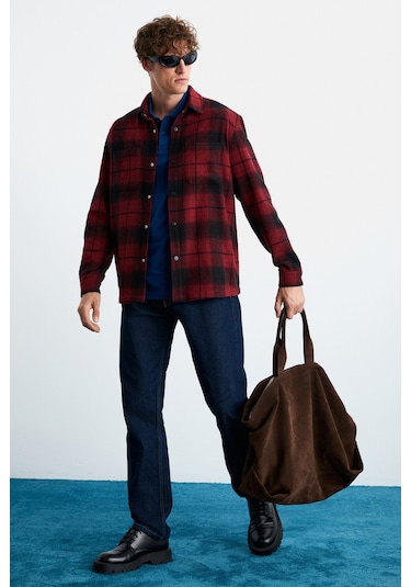 Sagan  Erkek Pamuk-polyester Gömlek Yaka Relaxed Oduncu Bordo Gömlek