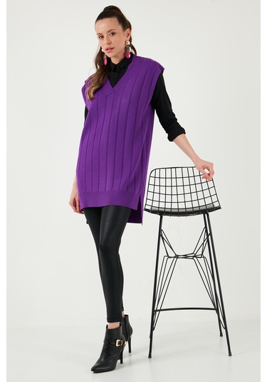 Lela V Yaka Arkası Uzun Triko Bayan Süveter 4616088Y Mor
