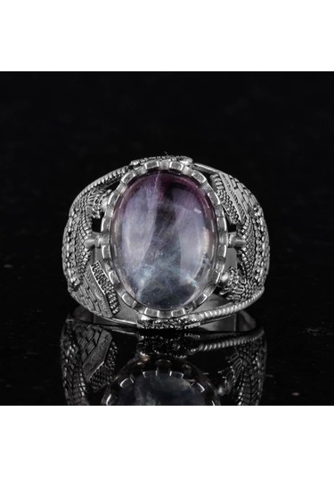 Gerçek Doğal Florit Taş Yüzük, Dini Gümüş Yüzük, 925 Ayar Gümüş Yüzük Erkekler İçin Gümüş