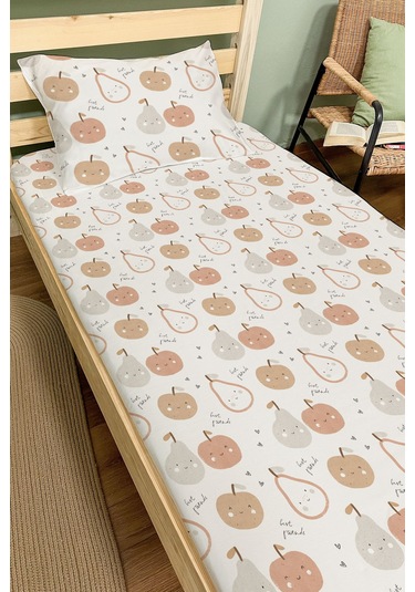Organik Tek Kişilik Lastikli Çarşaf Seti - Minik Tatlı Meyveler Renkli