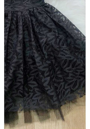 Kız Çocuk Siyah Tül Desenli Doğum Günü Hediye Şık Prenses Elbise Siyah