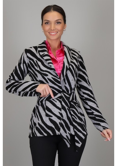 Sweetness Kadın Siyah Gri Zebra Desenli Kemerli Astarsız Ceket Gri