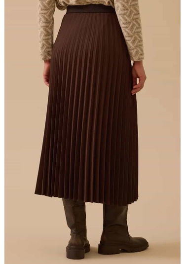 Kadın Esnek Bel Pliseli Basic Etek - Kahverengi Kahverengi