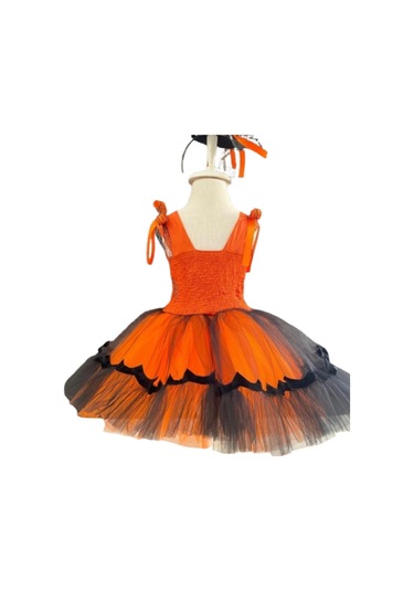 Halloween Cadılar Bayramına Özel Turuncu -siyah Arkası Lastikli Tokalı Balkabağı Kız Kostümü