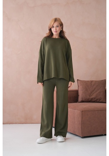 Kadın Bisiklet Yaka Düşük Kol Kazak Pantolon İkili Triko Takım Haki