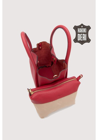 Hakiki Deri Kadın Organizerlı El Çantası Kırmızı Smr9206 Kırmızı